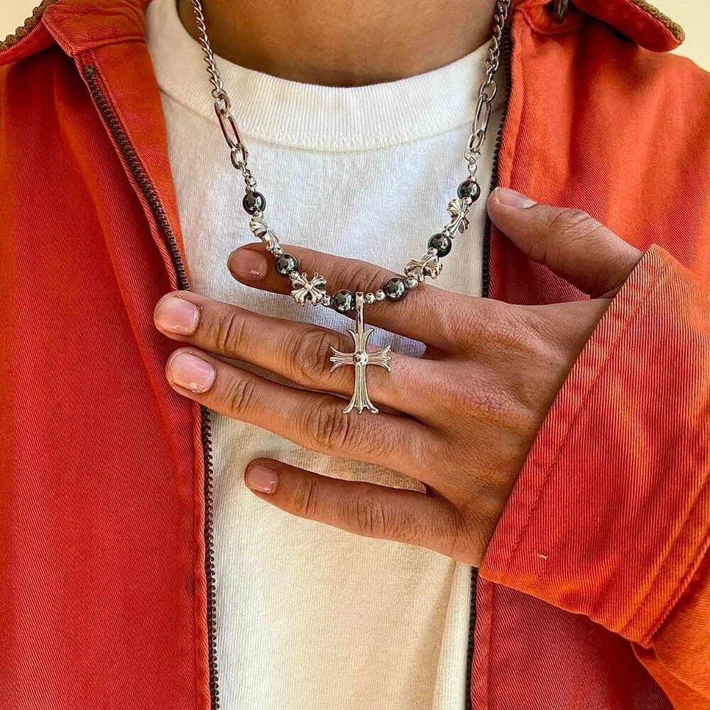 y2k grunge pearl silver cross pendant necklace